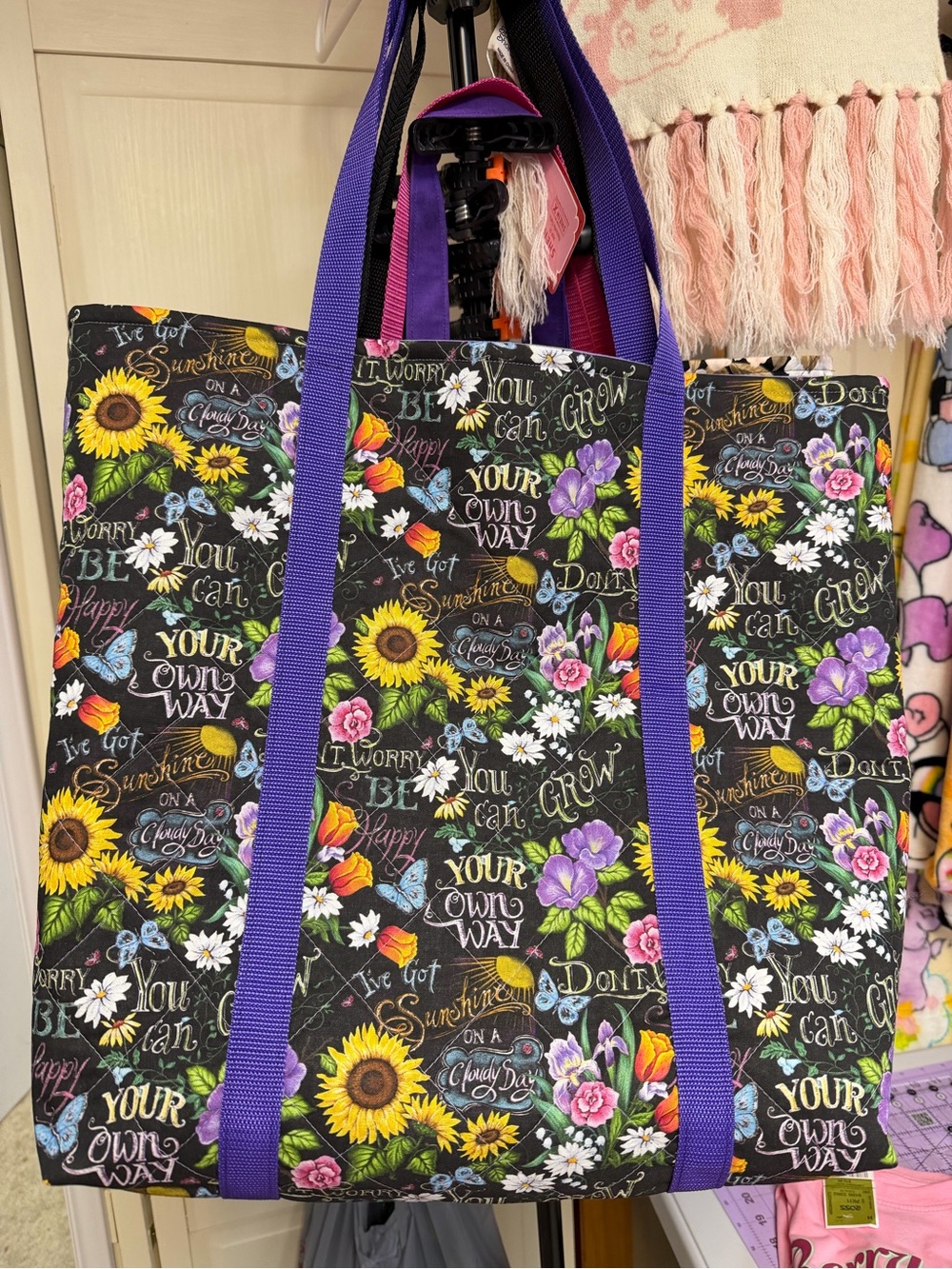 Floral Black Canvas Tote with Purple Straps